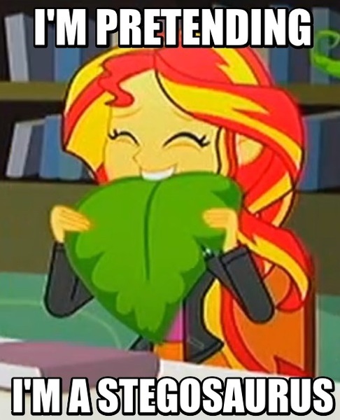 Size: 489x604 | Tagged: safe, derpibooru import, screencap, sunset shimmer, dinosaur, stegosaurus, epic fails (equestria girls), eqg summertime shorts, equestria girls, caption, cute, eyes closed, happy, herbivore, homesick shimmer, humans doing horse things, image macro, meme, plant, shimmerbetes, silly human, solo, sunset wants her old digestive system back, text