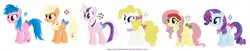 Size: 2412x493 | Tagged: safe, artist:sarahbearquartz, artist:selenaede, derpibooru import, applejack, applejack (g1), firefly, fluttershy, pinkie pie, posey, rainbow dash, rarity, sparkler (g1), surprise, twilight sparkle, pony, base used, bow, bowtie, g1, g1 six, g1 to g4, generation leap, jewelry, tail bow