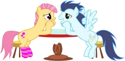 Size: 6145x3000 | Tagged: safe, artist:laberoon, derpibooru import, candy mane, soarin', pony, clothes, crack shipping, female, high res, looking at each other, male, shipping, simple background, soarmane, socks, straight, striped socks, transparent background, wrong cutie mark
