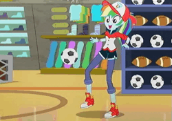 Size: 517x361 | Tagged: safe, derpibooru import, screencap, rainbow dash, epic fails (equestria girls), eqg summertime shorts, equestria girls, alternate hairstyle, american football, animated, ball, clothes, converse, cute, dashabetes, football, gif, ponytail, shoes, sneakers, sports