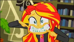 Size: 1237x705 | Tagged: safe, derpibooru import, edit, screencap, sunset shimmer, epic fails (equestria girls), eqg summertime shorts, equestria girls, big grin, female, funny, grin, parody, simpsons did it, smiling, solo, teeth, the simpsons