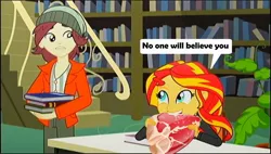 Size: 1176x670 | Tagged: safe, derpibooru import, edit, edited screencap, screencap, normal norman, sunset shimmer, epic fails (equestria girls), eqg summertime shorts, equestria girls, bill murray, book, food, funny, library, meat, parody