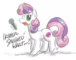 Size: 1416x1118 | Tagged: safe, artist:flutterthrash, derpibooru import, sweetie belle, pony, atg 2017, cannibal corpse, death metal, dialogue, hammer smashed face (song), magic, metal, microphone, newbie artist training grounds, solo, song reference, telekinesis