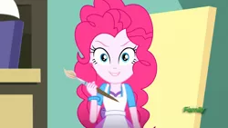Size: 1280x720 | Tagged: safe, derpibooru import, screencap, pinkie pie, eqg summertime shorts, equestria girls, the art of friendship, >:), >:d, apron, bracelet, clothes, easel, evil grin, grin, happy, jewelry, paintbrush, smiling, smirk