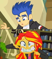 Size: 829x934 | Tagged: safe, derpibooru import, edit, edited screencap, screencap, flash sentry, sunset shimmer, epic fails (equestria girls), eqg summertime shorts, equestria girls, couple, female, flashimmer, library, male, parody, shipping, straight