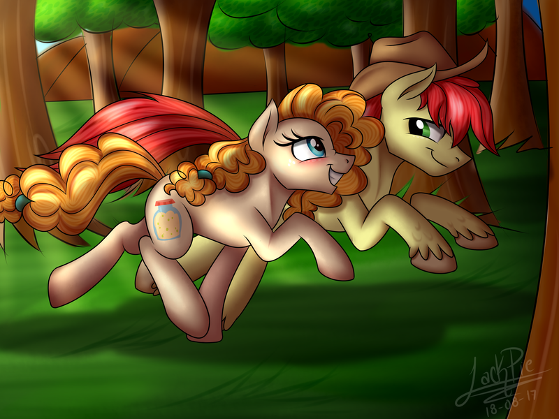 Size: 3264x2448 | Tagged: safe, artist:jack-pie, derpibooru import, bright mac, pear butter, pony, the perfect pear, applejack's parents, cowboy hat, cute, female, forest, galloping, hat, husband and wife, male, scenery, signature, stetson, tree