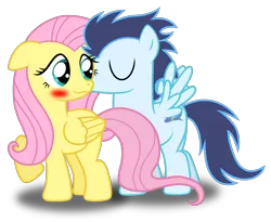 Size: 1862x1525 | Tagged: safe, artist:meandmyideas, derpibooru import, fluttershy, soarin', pegasus, pony, blushing, crack shipping, eyes closed, female, kiss on the cheek, kissing, male, shipping, simple background, smooch, soarinshy, straight, transparent background, vector