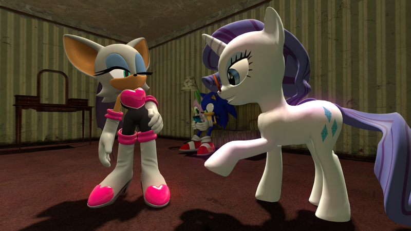 Size: 1366x768 | Tagged: 3d, artist:migueruchan, crossover, derpibooru import, dragon, rarity, rouge the bat, safe, sonic the hedgehog, sonic the hedgehog (series), spike