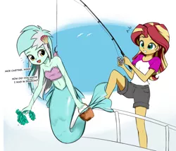 Size: 970x830 | Tagged: safe, artist:twilite-sparkleplz, derpibooru import, part of a set, lyra heartstrings, sunset shimmer, mermaid, sunset's fantastic fishing, equestria girls, legend of everfree, bandeau, belly button, boat, clothes, cute, dialogue, female, fishing, lyrabetes, mermaid lyra, mermaidized, midriff, part of a series, race swap, seaweed, shimmerbetes, species swap