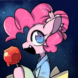 Size: 512x512 | Tagged: safe, artist:snowillusory, derpibooru import, pinkie pie, earth pony, pony, :3, candied apple, clothes, cute, cute little fangs, fangs, female, kimono (clothing), mare, open mouth, solo