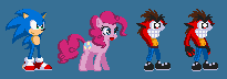 Size: 205x72 | Tagged: safe, artist:t0ms0nic, derpibooru import, pinkie pie, pony, crash bandicoot, crossover, pixel art, sonic the hedgehog, sonic the hedgehog (series)