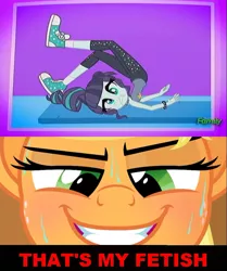 Size: 1109x1325 | Tagged: safe, artist:zutheskunk edits, derpibooru import, edit, screencap, applejack, coloratura, pony, epic fails (equestria girls), eqg summertime shorts, equestria girls, bedroom eyes, blushing, caption, female, image macro, imminent sex, lesbian, majestic as fuck, mare, meme, ouch, rara, rarajack, shipping, smiling, smirk, sweat, teeth, text, that is my fetish, yoga