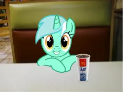 Size: 1037x777 | Tagged: safe, artist:jawsandgumballfan24, artist:kuren247, derpibooru import, lyra heartstrings, pony, unicorn, cup, drink, irl, looking at you, mcdonald's, paper cup, photo, ponies in real life, sitting, smiling, soda, solo