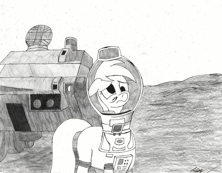 Size: 3241x2529 | Tagged: safe, artist:algernon97, derpibooru import, derpy hooves, pony, astronaut, atg 2017, grayscale, monochrome, moon, moon (film), newbie artist training grounds, sad, solo, space, spacesuit, vehicle