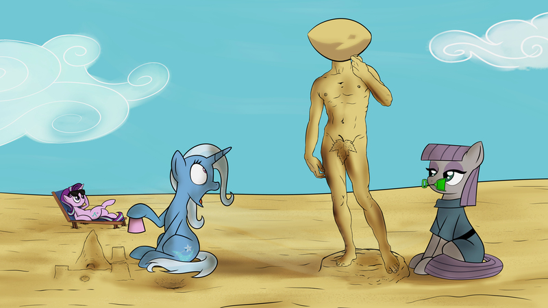 Size: 6400x3600 | Tagged: safe, artist:theravencriss, derpibooru import, boulder (pet), maud pie, starlight glimmer, trixie, earth pony, pony, unicorn, beach, chair, david, female, fine art parody, mare, mouth hold, sand castle, shocked, sitting, sunglasses, trio