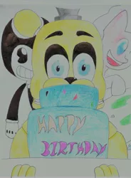 Size: 5277x7168 | Tagged: safe, artist:raventheghost, derpibooru import, pinkie pie, oc, pony, absurd resolution, bendy, bendy and the ink machine, birthday, cake, crossover, five nights at freddy's, food, golden freddy, ink, traditional art