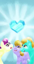 Size: 1734x3189 | Tagged: safe, artist:ruushiicz, derpibooru import, amber waves, bright smile, castle (crystal pony), fleur de verre, crystal pony, pony, background pony, crystal heart, female, looking up, male, mare, smiling, stallion