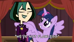 Size: 1280x720 | Tagged: safe, derpibooru import, twilight sparkle, twilight sparkle (alicorn), alicorn, pony, fame and misfortune, caption, gwen, total drama, total drama island, we're not flawless