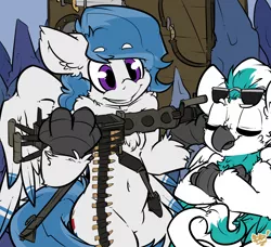 Size: 1368x1245 | Tagged: safe, artist:bbsartboutique, derpibooru import, oc, oc:blue, oc:delta dart, unofficial characters only, gryphon, hippogriff, arrow, bow and arrow, bow (weapon), gun, smiling, smug, sunglasses, weapon