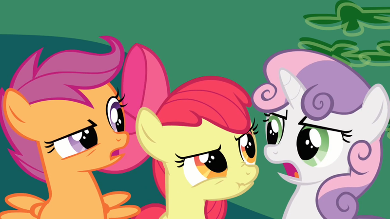 Size: 1874x1054 | Tagged: safe, derpibooru import, screencap, apple bloom, scootaloo, sweetie belle, pony, hearts and hooves day (episode), cutie mark crusaders, hearts and hooves day, scrunchy face