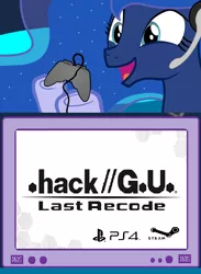 Size: 562x769 | Tagged: safe, derpibooru import, princess luna, pony, gamer luna, .hack, dot hack, exploitable meme, gamer meme, happy, meme, obligatory pony, pc, playstation 4, steam (software), tv meme