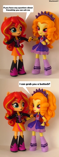 Size: 737x1965 | Tagged: safe, artist:whatthehell!?, derpibooru import, edit, adagio dazzle, sunset shimmer, equestria girls, rainbow rocks, boots, clothes, doll, engrish, equestria girls minis, female, funny, grammar error, irl, lesbian, merchandise, parody, photo, shipping, shoes, sunsagio, toy