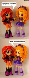 Size: 737x1965 | Tagged: safe, artist:whatthehell!?, derpibooru import, edit, adagio dazzle, sunset shimmer, equestria girls, rainbow rocks, boots, clothes, doll, equestria girls minis, female, funny, irl, lesbian, merchandise, parody, photo, shipping, shoes, spanish, sunsagio, toy