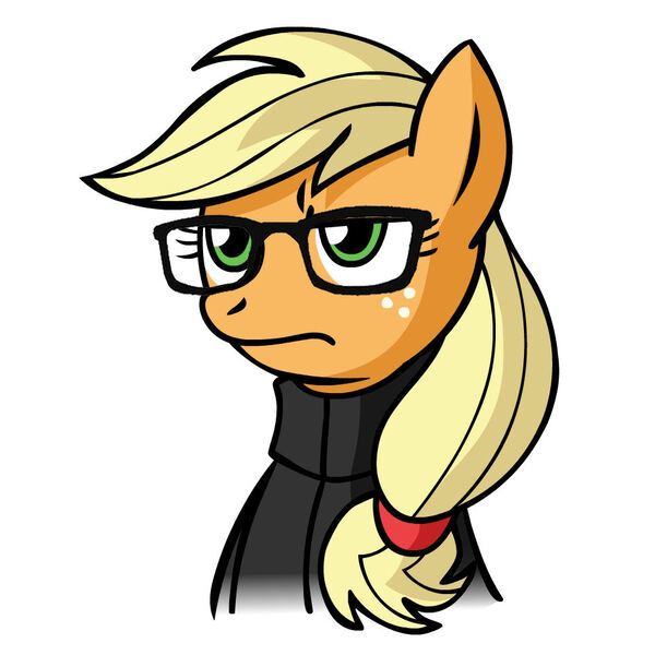 Size: 945x945 | Tagged: safe, artist:megasweet, derpibooru import, edit, applejack, earth pony, pony, apple (company), clothes, female, glasses, pun, simple background, solo, steve jobs, sweater, visual pun, white background