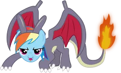Size: 1653x1001 | Tagged: safe, artist:cloudyglow, derpibooru import, rainbow dash, charizard, pony, female, looking at you, mare, pokémon, shiny pokémon, simple background, smiling, solo, transparent background