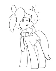 Size: 2049x2617 | Tagged: safe, artist:sourspot, derpibooru import, oc, oc:💚, unofficial characters only, earth pony, pony, black and white, clothes, female, grayscale, headband, lineart, mare, monochrome, scarf, simple background, socks, solo, white background