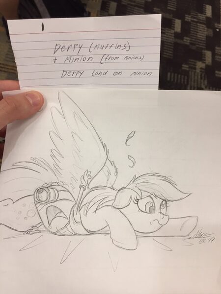 Size: 960x1280 | Tagged: safe, artist:ncmares, derpibooru import, derpy hooves, pegasus, pony, accident, crash, crash landing, female, i just don't know what went wrong, mare, minion, sketch, sketches from a hat, traditional art