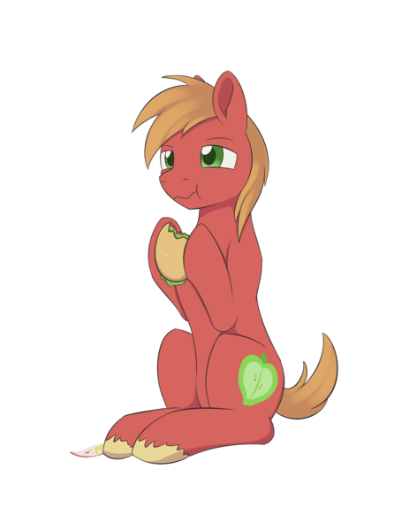 Size: 1306x1691 | Tagged: safe, artist:dusthiel, derpibooru import, big macintosh, pony, atg 2017, big mac (burger), burger, eating, food, hamburger, hay burger, male, mcdonald's, newbie artist training grounds, simple background, sitting, solo, stallion, transparent background