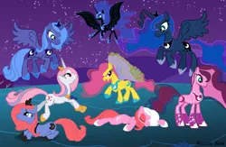 Size: 2000x1300 | Tagged: artist:aquaticneon, derpibooru import, g1, g1 to g4, g2, g2 to g4, g3, g3 to g4, g4, generation leap, lunar trinity, midnight dream, moondancer (g1), moon shadow, nightmare moon, princess luna, princess sapphire, recolor, s1 luna, s2 luna, safe, starry wings (g1), windy wing ponies