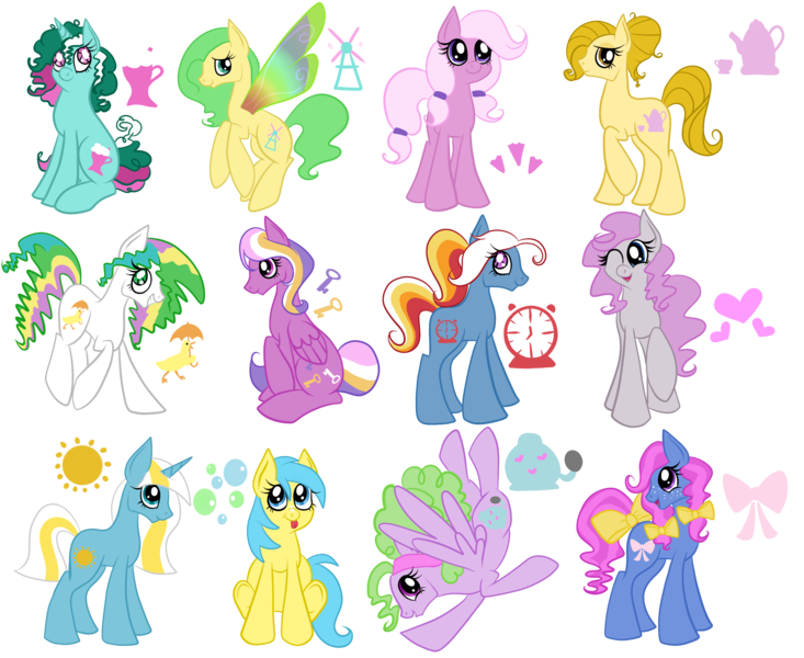 Size: 3300x2700 | Tagged: artist:tinyfeather, bow, bowtie (g1), bright eyes, bubbles (g1), crumpet, derpibooru import, fizzy, g1, g1 to g4, generation leap, hair bow, lavender lace, lickety split, locket (g1), quackers, safe, simple background, snuzzle, sunbeam, tail bow, transparent background, vector, wind drifter