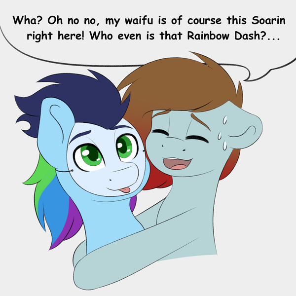 Size: 2300x2300 | Tagged: safe, artist:spirit-dude, derpibooru import, rainbow dash, soarin', oc, oc:spirit rose, pony, dialogue, eyes closed, female, lesbian, mare, mask, shipping, smiling, speech bubble, sweat