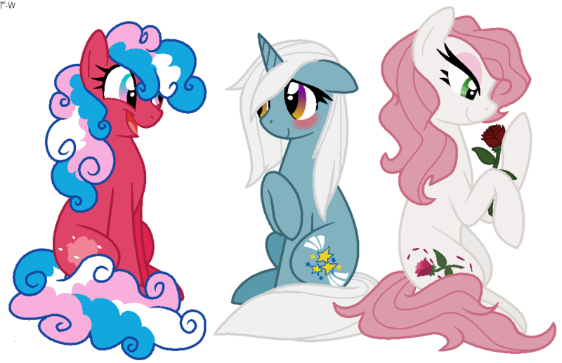 Size: 1161x751 | Tagged: safe, artist:faith-wolff, derpibooru import, cotton candy (g3), desert rose, starbeam, earth pony, pony, unicorn, blushing, female, flower, g3, mare, rose, simple background, transparent background, trio