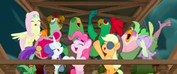 Size: 2048x858 | Tagged: safe, derpibooru import, screencap, applejack, boyle, fluttershy, lix spittle, mullet (character), murdock, pinkie pie, rarity, spike, dragon, parrot pirates, pony, my little pony: the movie, hat, pirate, pirate hat