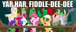 Size: 2048x858 | Tagged: safe, derpibooru import, edit, edited screencap, screencap, applejack, boyle, fluttershy, lix spittle, mullet (character), murdock, pinkie pie, rarity, spike, dragon, earth pony, parrot pirates, pegasus, pony, unicorn, my little pony: the movie, female, hat, lazytown, male, mare, pirate, pirate hat, song reference, you are a pirate