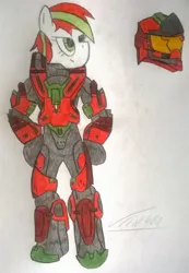 Size: 1456x2103 | Tagged: safe, derpibooru import, oc, oc:ember sparks, unofficial characters only, pony, armor, halo (series), solo, spartan, traditional art