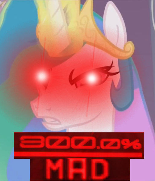 Size: 608x710 | Tagged: safe, derpibooru import, edit, edited screencap, editor:watermelon changeling, screencap, princess celestia, alicorn, pony, the crystal empire, 200% mad, angry, caption, expand dong, exploitable meme, glowing eyes, glowing eyes meme, glowing eyes of doom, image macro, meme, solo, text