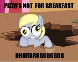 Size: 884x704 | Tagged: safe, derpibooru import, derpy hooves, pegasus, pony, caption, female, hub logo, mare, meme, pizza's not for breakfast, special eyes, wat, whitest kids you know