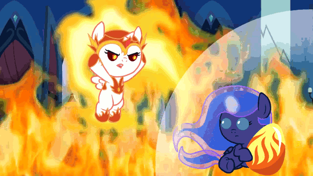 Size: 640x360 | Tagged: safe, artist:magpie-pony, derpibooru import, daybreaker, princess luna, pony, angry, animated, baby, cute, diabreaker, don't mess with baby daybreaker, female, filly, fire, flying, gif, glowing horn, horn, loop, mane of fire, phoenix egg, this will end in death, this will end in tears, this will end in tears and/or death, woona, younger, youtube link