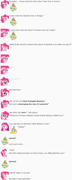 Size: 606x1507 | Tagged: safe, artist:dziadek1990, derpibooru import, pinkie pie, pumpkin cake, pony, annoyed, conversation, dialogue, emote story, emotes, eww, feeding, in the eye, let's fly to the castle, monster, ouch, pretend, reddit, regret, roleplaying, slice of life, spinach, spitting, stubborn, text