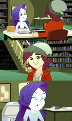 Size: 1920x3240 | Tagged: safe, derpibooru import, screencap, normal norman, rarity, epic fails (equestria girls), eqg summertime shorts, equestria girls, book, food, library, sandwich, smiling, spinach