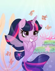 Size: 984x1280 | Tagged: artist:dressella, clownfish, coral, cute, cute face, derpibooru import, fish, my little pony: the movie, ocean, safe, seaponified, seapony (g4), seapony twilight, species swap, twiabetes, twilight sparkle, wingding eyes