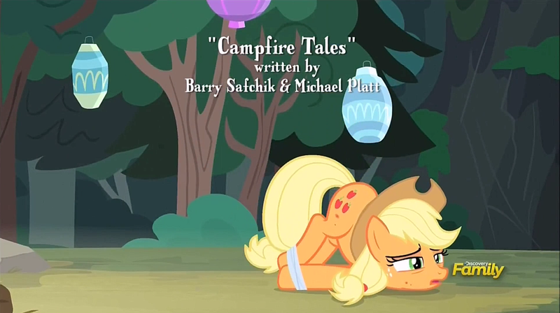 Size: 1277x715 | Tagged: safe, derpibooru import, screencap, applejack, pony, campfire tales, discovery family logo, fly-der bite, forest, silly, silly pony, solo, tied up, who's a silly pony