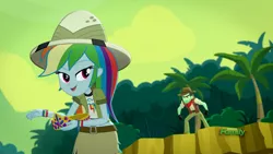 Size: 1920x1080 | Tagged: safe, derpibooru import, screencap, rainbow dash, slingshot (character), eqg summertime shorts, equestria girls, leaping off the page, angry, clothes, crown, hat, jewelry, midriff, pith helmet, regalia, short shirt, skirt