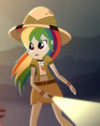 Size: 673x851 | Tagged: safe, derpibooru import, screencap, eqg summertime shorts, equestria girls, leaping off the page, clothes, cropped, flashlight (object), hat, midriff, pith helmet, short shirt, skirt, solo