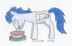 Size: 1199x767 | Tagged: safe, artist:zonesystem, derpibooru import, soarin', pegasus, pony, atg 2017, food, male, newbie artist training grounds, pie, signature, solo, stallion, that pony sure does love pies, traditional art
