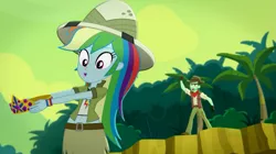 Size: 1395x781 | Tagged: safe, derpibooru import, edit, edited screencap, screencap, rainbow dash, slingshot (character), eqg summertime shorts, equestria girls, leaping off the page, belly button, clothes, hat, image, midriff, pith helmet, png, short shirt, skirt, v-line